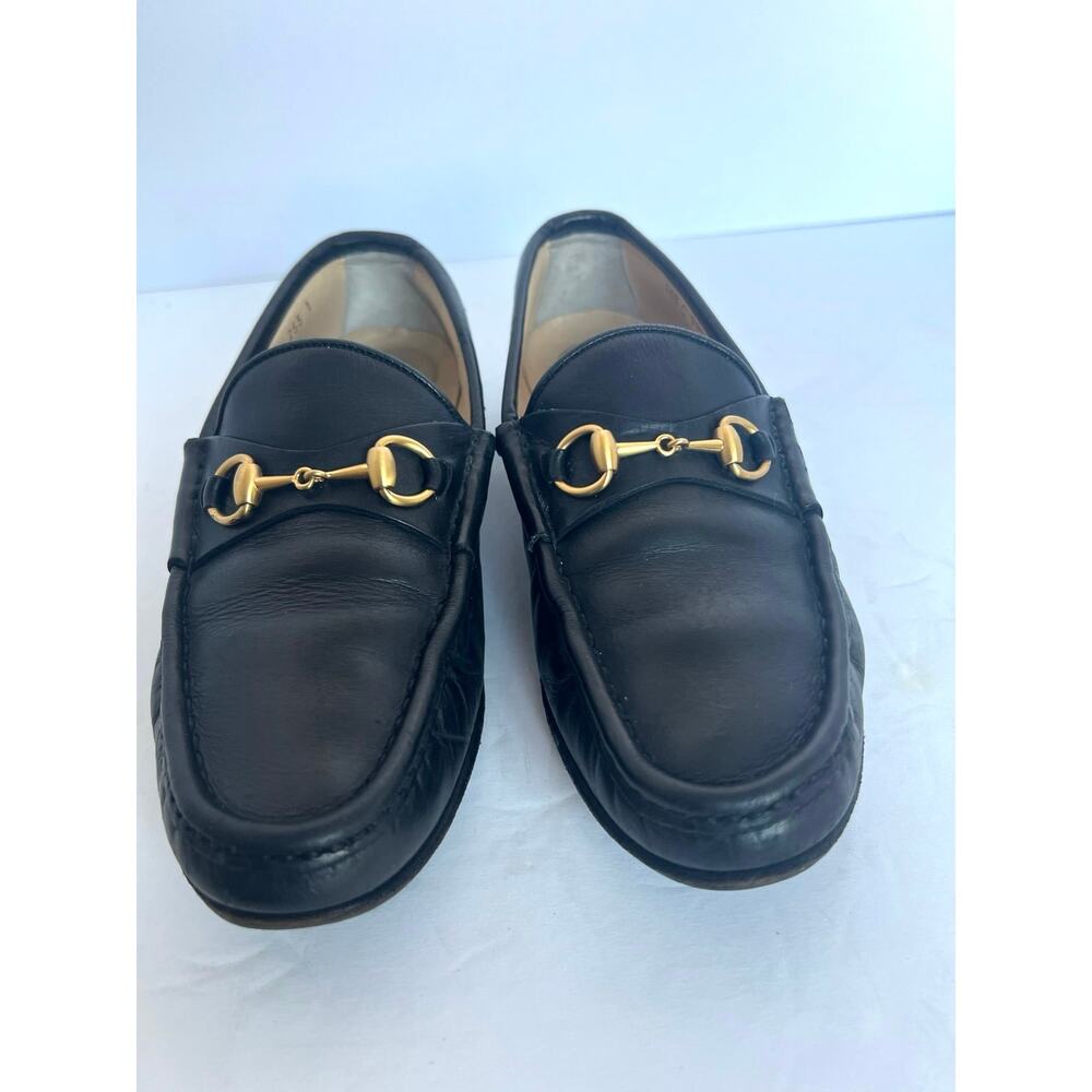 Authentic Gucci Black Leather Brixton Gold Horsebit Slip On Loafer Shoes Sz 6.5 - Picture 3 of 12